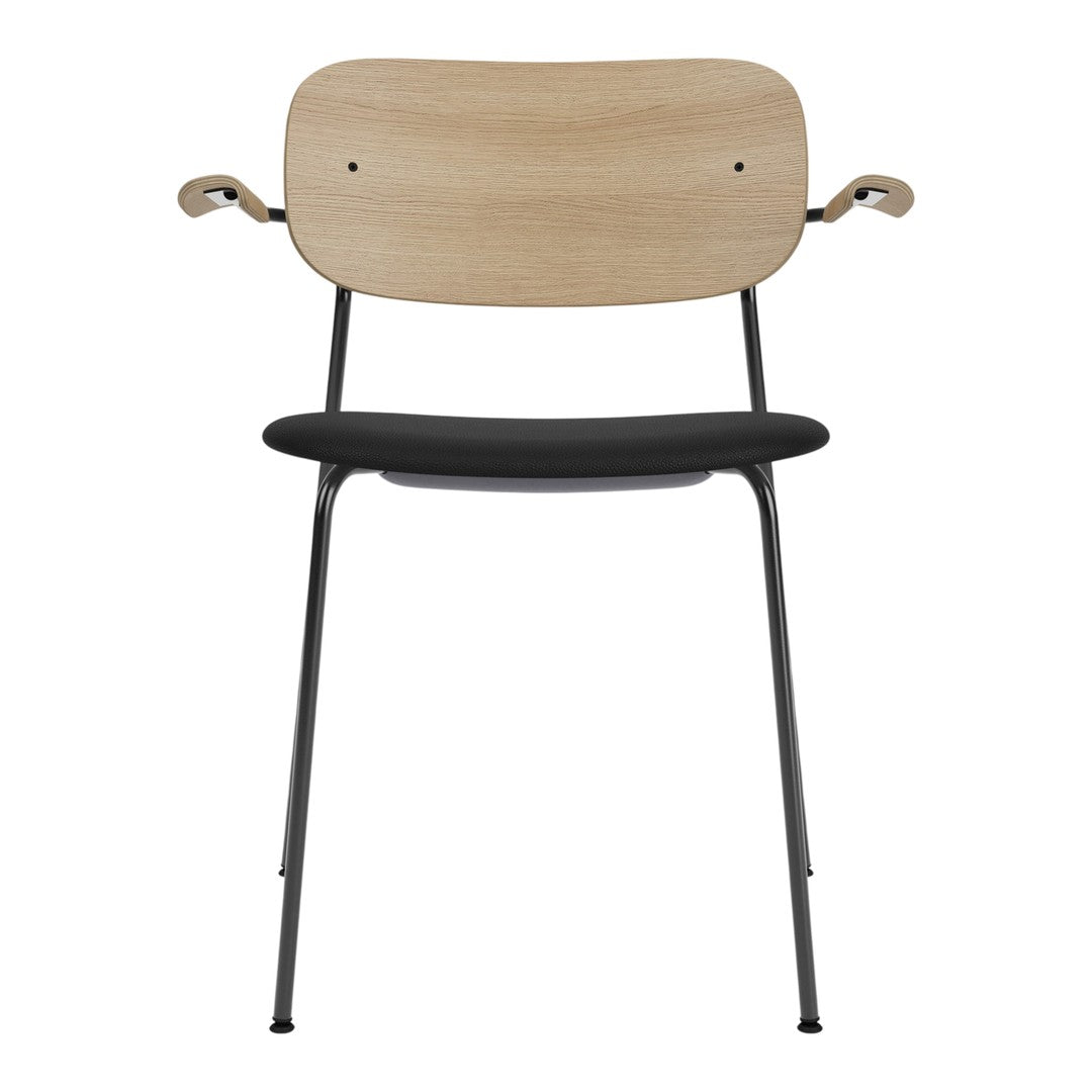 Light wood backrest with black seat and sleek black legs, creating a modern two-tone design.