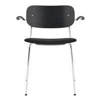 Black chair with a sleek design and chrome legs, featuring a minimalist pattern for modern decor.