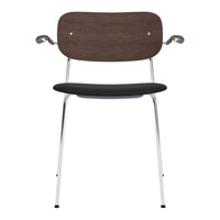 Modern chair with a dark wood backrest, sleek black seat, and shiny chrome legs. Stylish and minimalistic design.