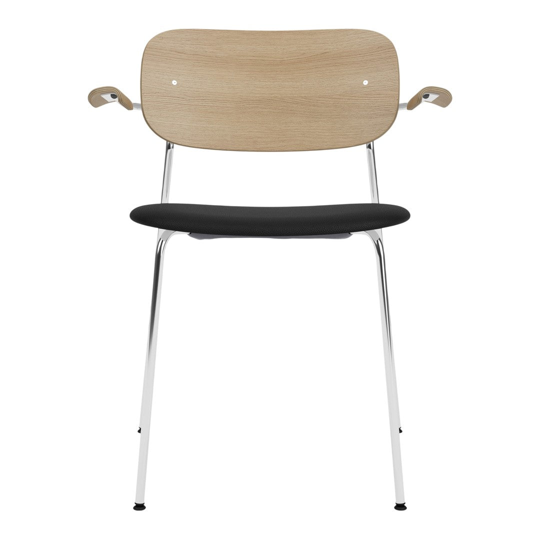 Light wood-back chair with a sleek black seat and chrome legs, showcasing a modern minimalist design.