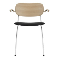 Light wood-back chair with a sleek black seat and chrome legs, showcasing a modern minimalist design.