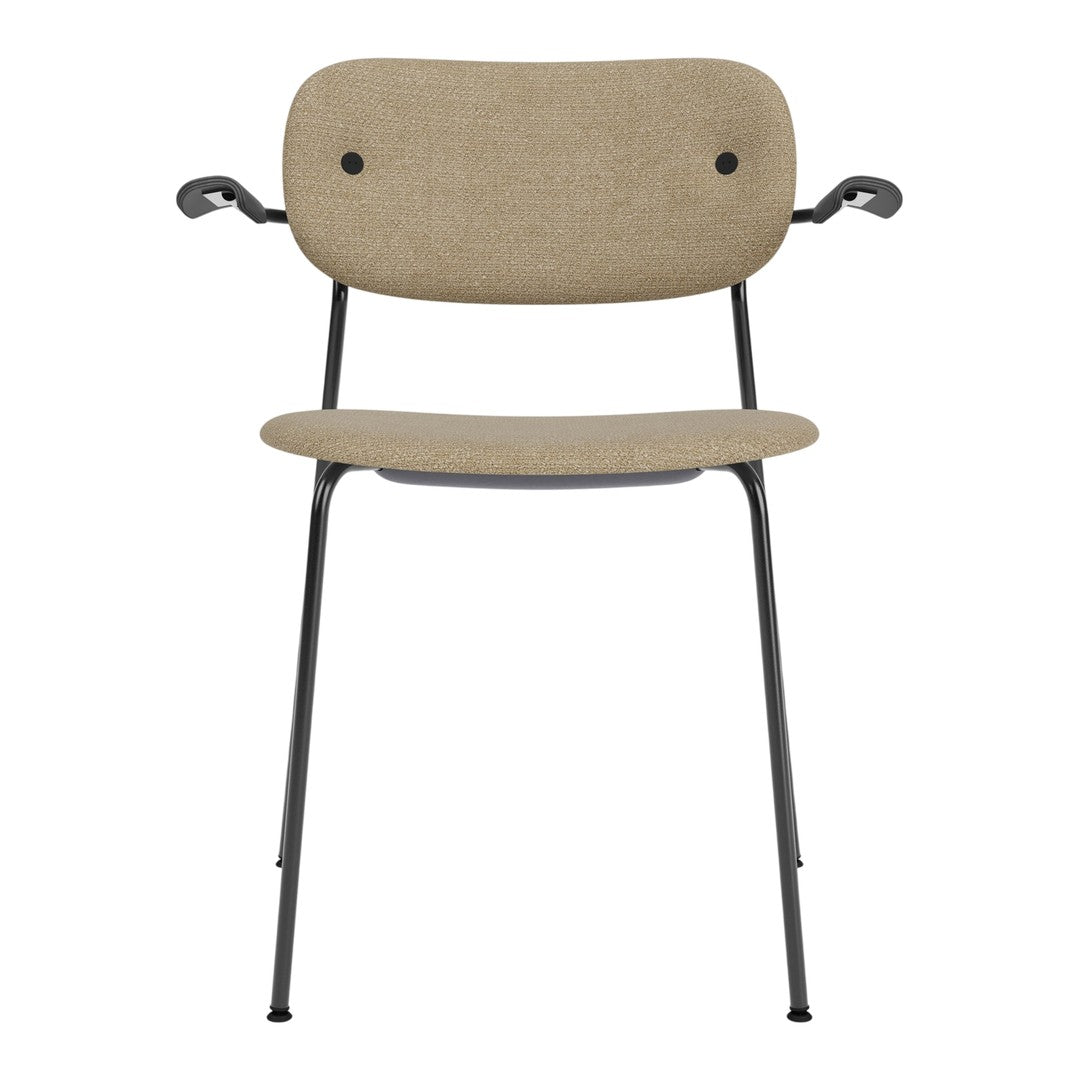 Beige upholstered chair with black metal arms and legs, featuring a minimalist design.