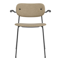 Beige upholstered chair with black metal arms and legs, featuring a minimalist design.