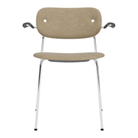 Beige upholstered chair with a smooth, minimalist design and chrome legs. Perfect for modern interiors.