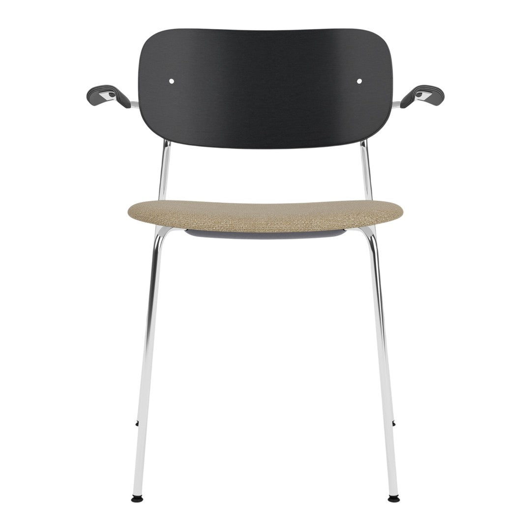 Black and natural wood patterned chair with chrome legs, featuring a sleek, modern design. Ideal for contemporary decor.