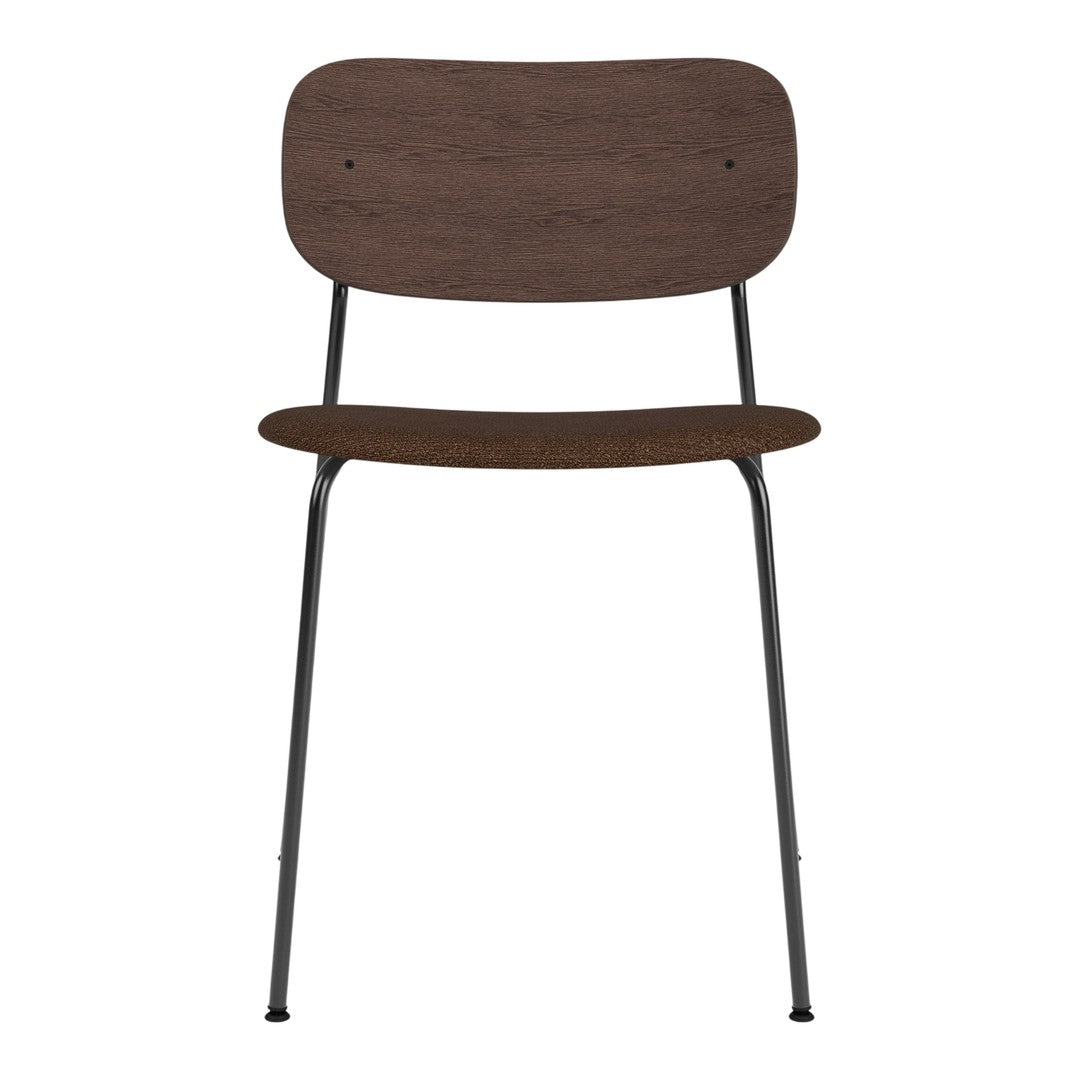 Brown wood grain chair with a sleek black metal frame, featuring a minimalist design. Ideal for modern interiors.