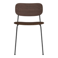 Brown wood grain chair with a sleek black metal frame, featuring a minimalist design. Ideal for modern interiors.