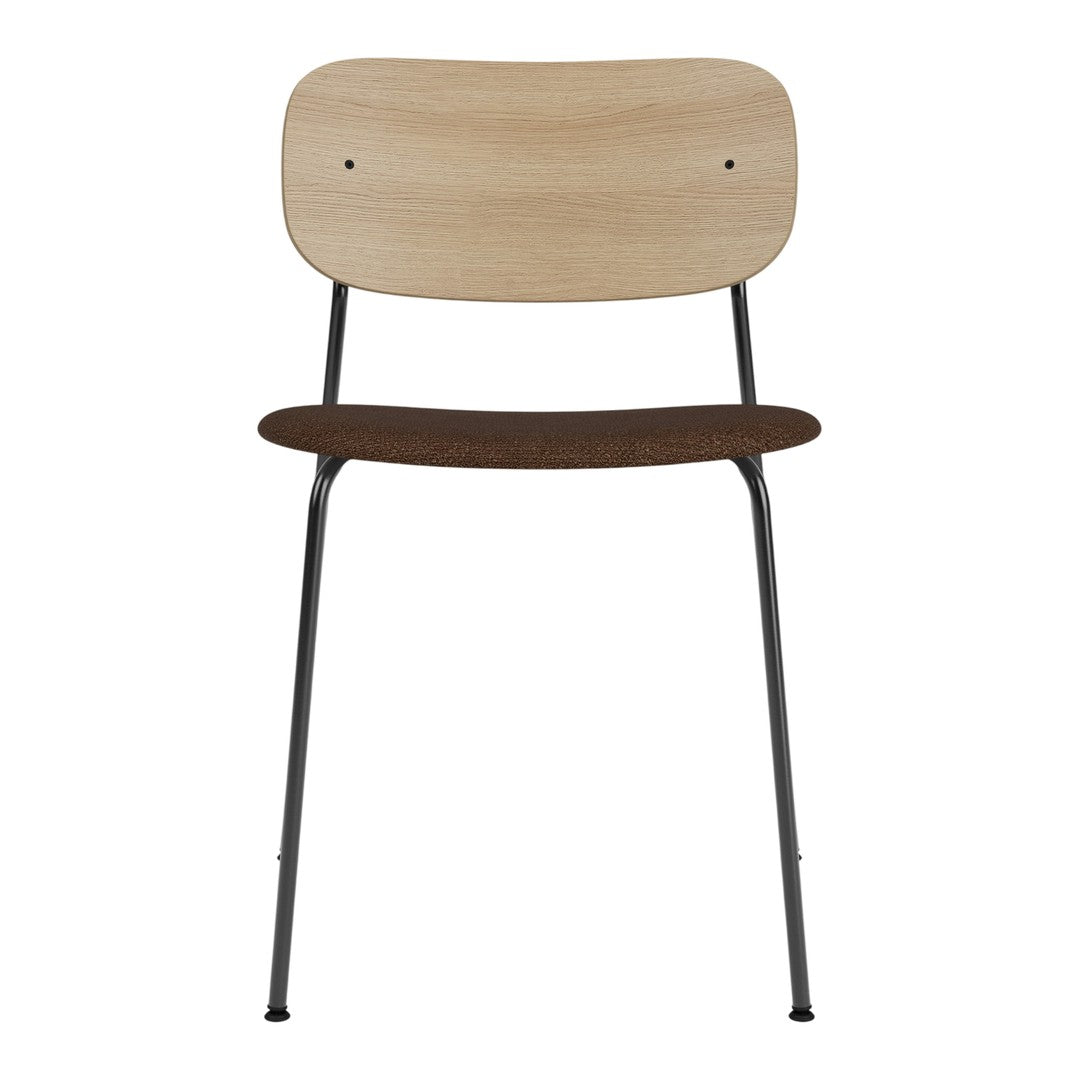 Light wood and dark brown seat chair with minimalist black metal legs, featuring a sleek, modern design.