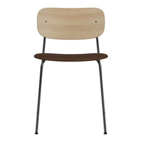 Light wood and dark brown seat chair with minimalist black metal legs, featuring a sleek, modern design.