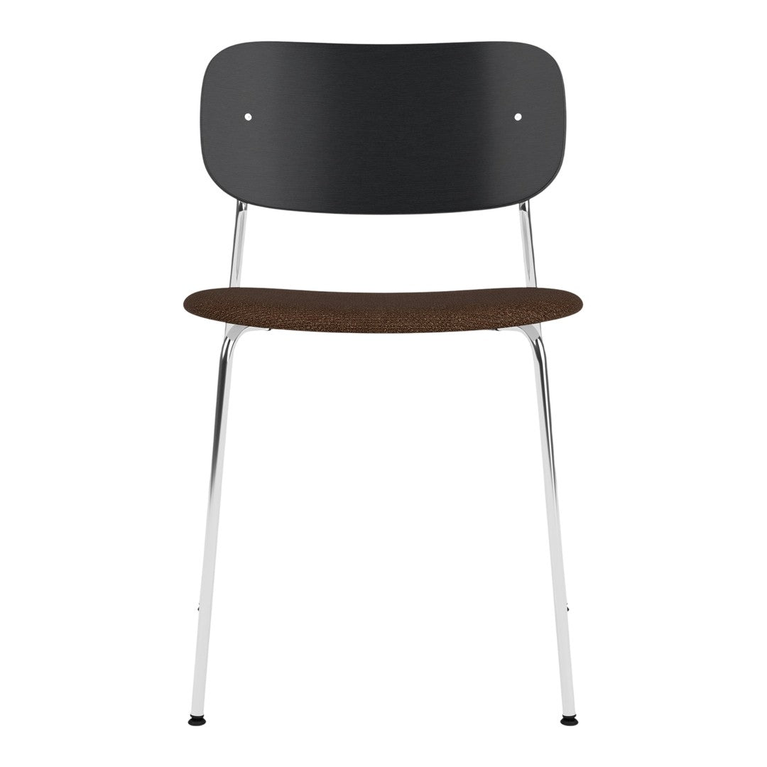 Black chair with a smooth wood seat and chrome legs, showcasing a sleek, modern design. Perfect for contemporary spaces.