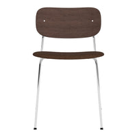 Brown wood chair with a smooth finish and sleek chrome legs. Minimalist design with a simple, modern pattern.
