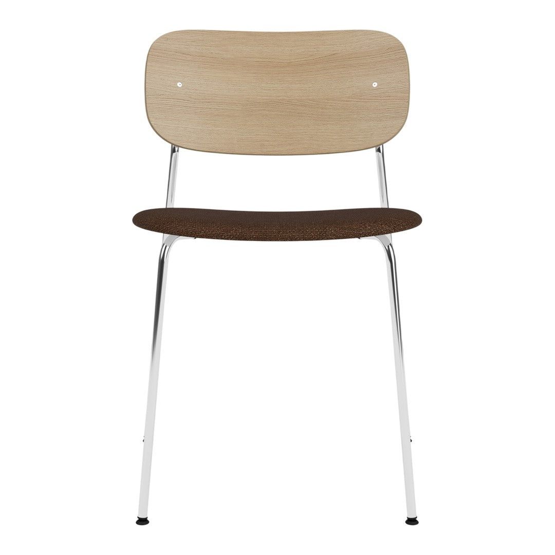 Wooden chair with a light natural wood backrest and a dark brown seat, complemented by sleek chrome legs.