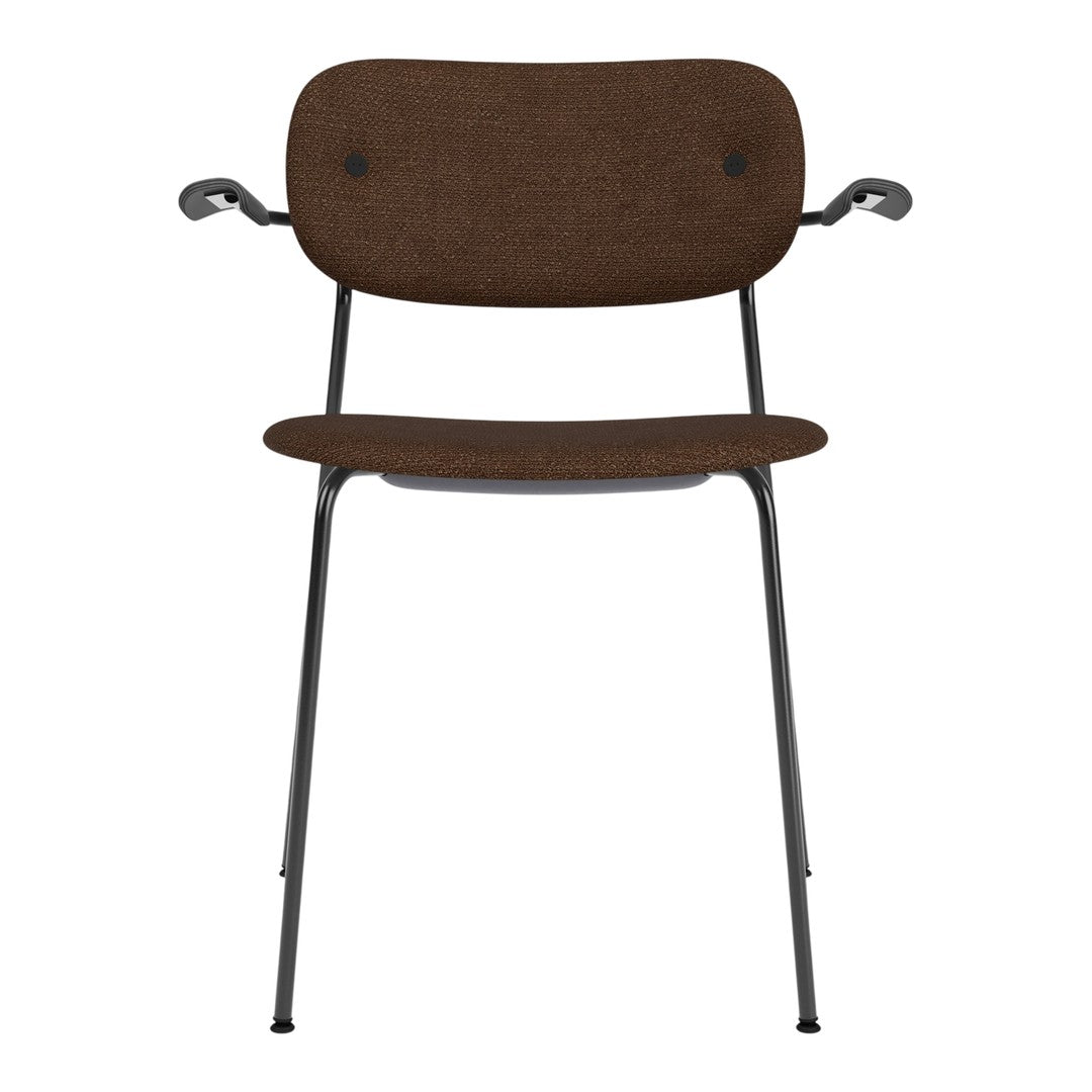 Brown textured fabric chair with sleek black metal legs and curved armrests, perfect for modern decor.