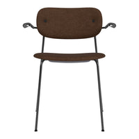 Brown textured fabric chair with sleek black metal legs and curved armrests, perfect for modern decor.