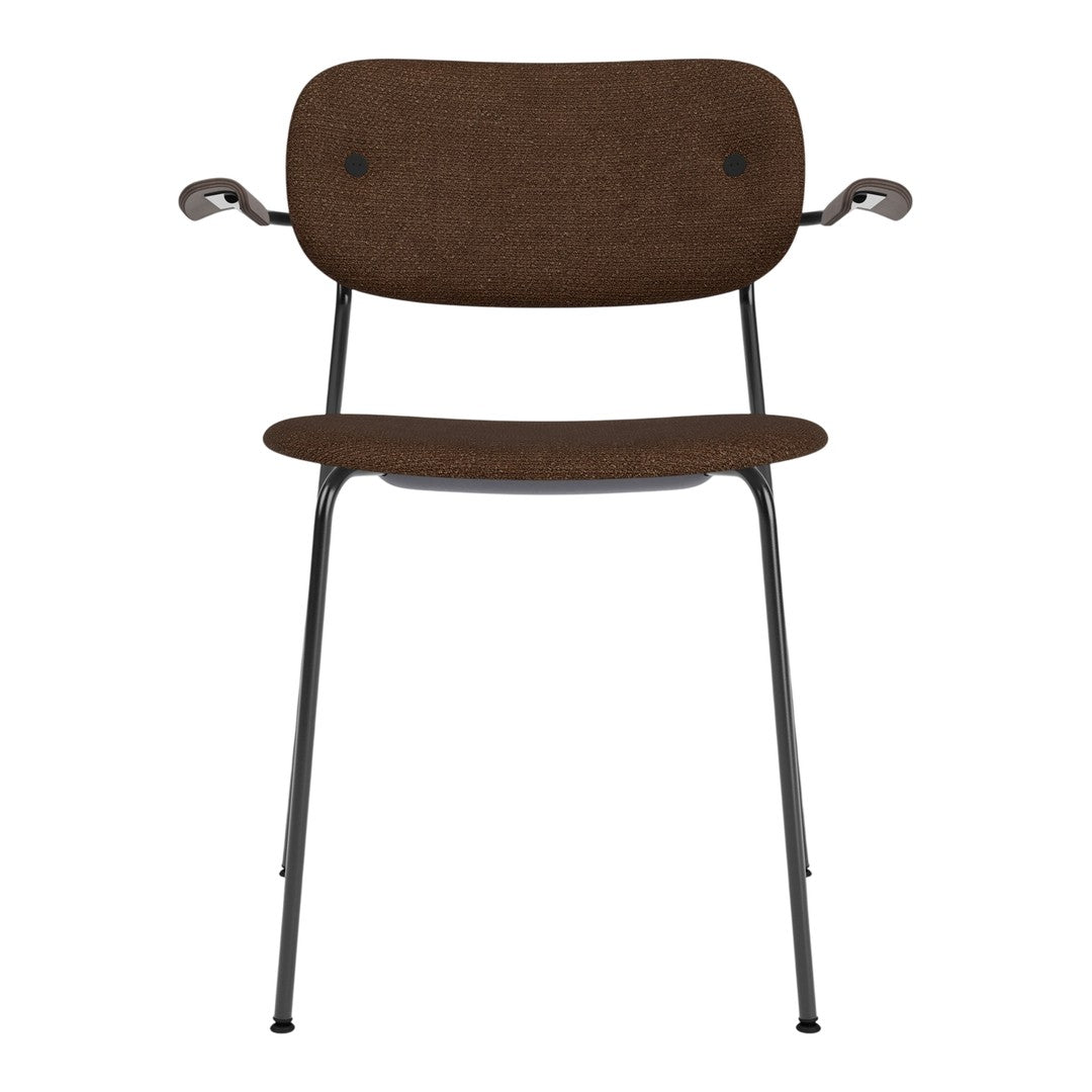 Brown fabric dining chair with sleek black metal legs and minimalist design. Perfect for modern home decor.