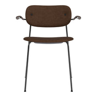 Brown fabric dining chair with sleek black metal legs and minimalist design. Perfect for modern home decor.