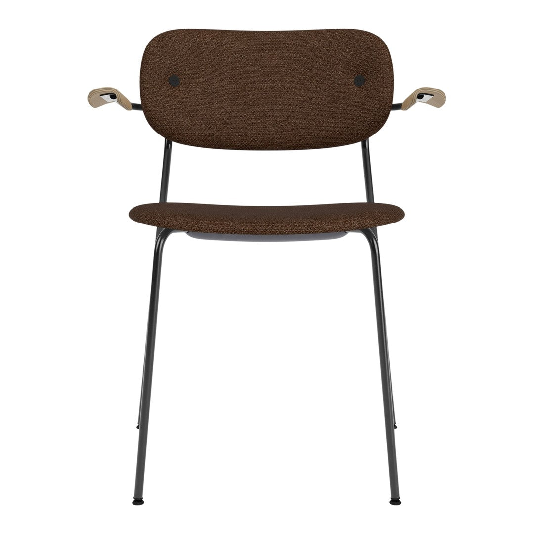 Brown upholstered chair with a textured pattern, metal legs, and wooden armrests, ideal for modern decor.
