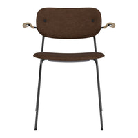 Brown upholstered chair with a textured pattern, metal legs, and wooden armrests, ideal for modern decor.