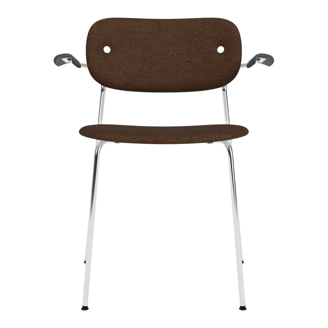 Brown upholstered chair with a simple, modern design and sleek chrome legs. Perfect for stylish home interiors.