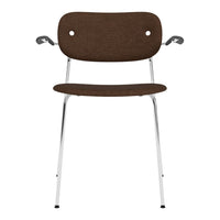 Brown upholstered chair with a simple, modern design and sleek chrome legs. Perfect for stylish home interiors.