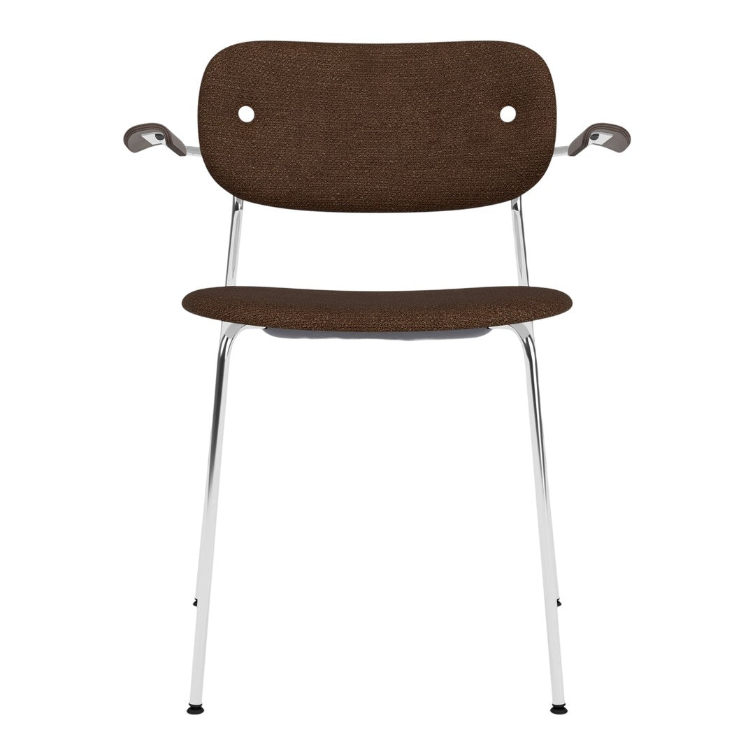 Brown upholstered chair with a smooth texture and chrome legs, perfect for modern interiors.