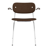 Brown upholstered chair with a smooth texture and chrome legs, perfect for modern interiors.