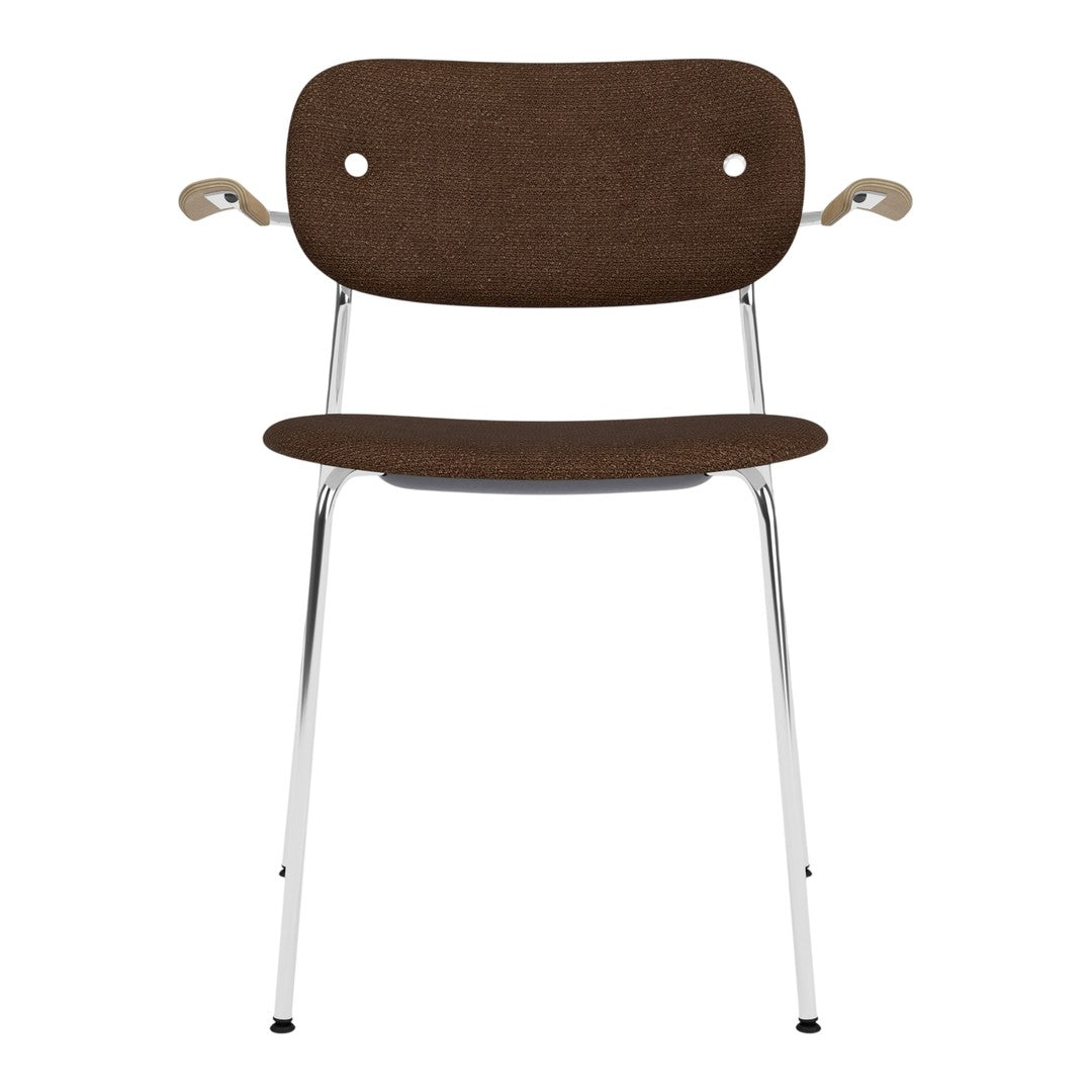 Brown upholstered chair with chrome legs and minimalist design, featuring a smooth, solid pattern.