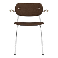 Brown upholstered chair with chrome legs and minimalist design, featuring a smooth, solid pattern.