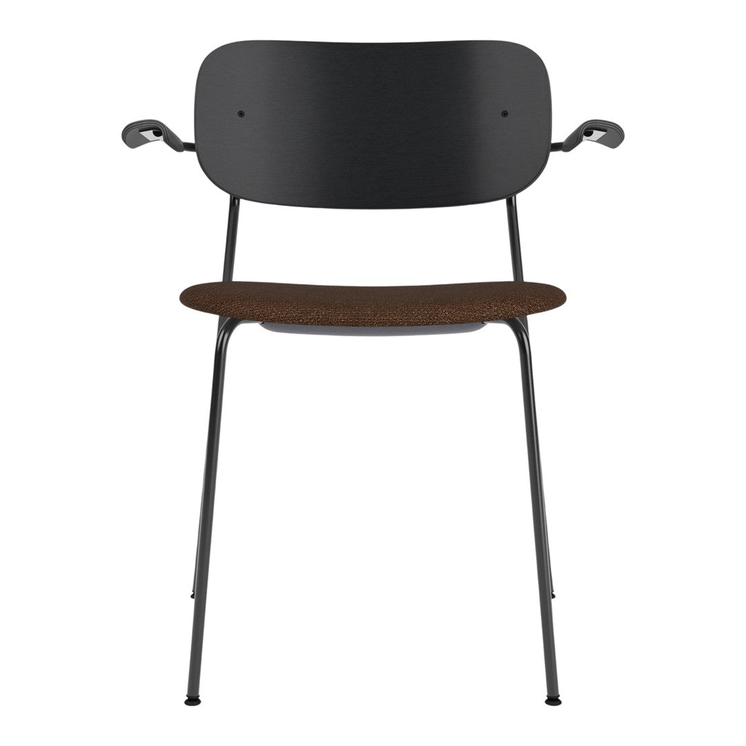 Stylish black chair with a wooden seat, featuring a smooth finish and minimalist design elements.