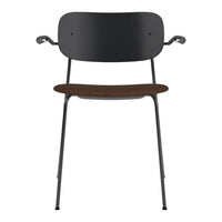 Stylish black chair with a wooden seat, featuring a smooth finish and minimalist design elements.