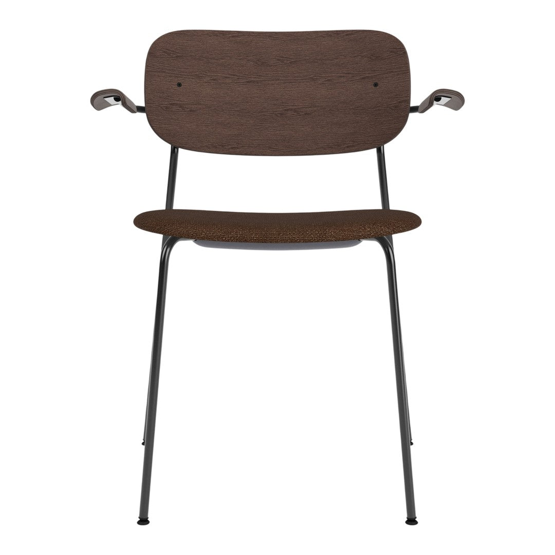 Brown wooden chair with a sleek metal frame, featuring a minimalist design and smooth curves. Perfect for modern decor.