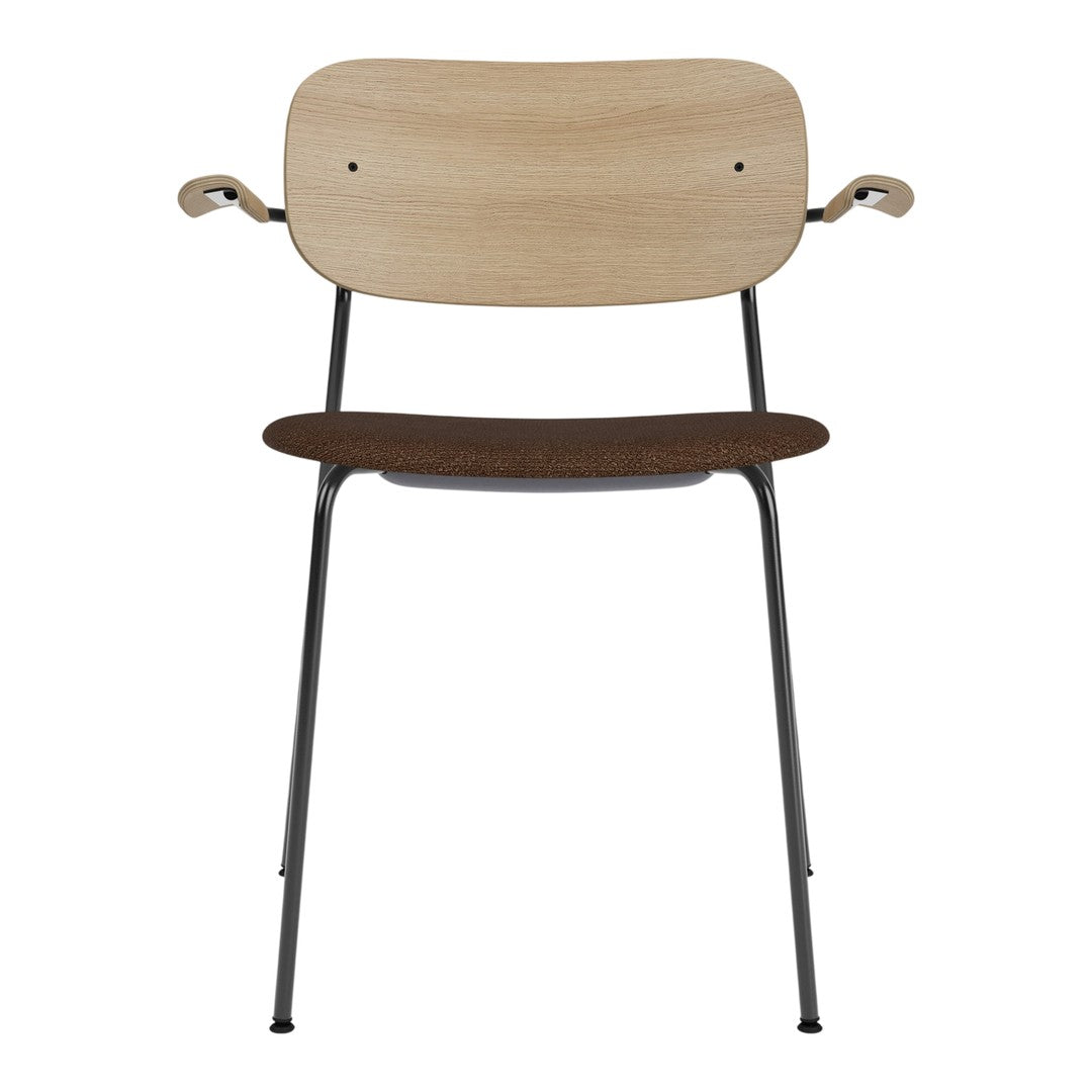 Natural wood tones with a dark brown seat and sleek black metal legs, featuring a minimalist design.