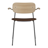 Natural wood tones with a dark brown seat and sleek black metal legs, featuring a minimalist design.