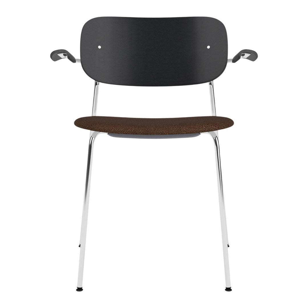 Black curved backrest chair with a walnut seat and sleek chrome legs, perfect for modern interiors.