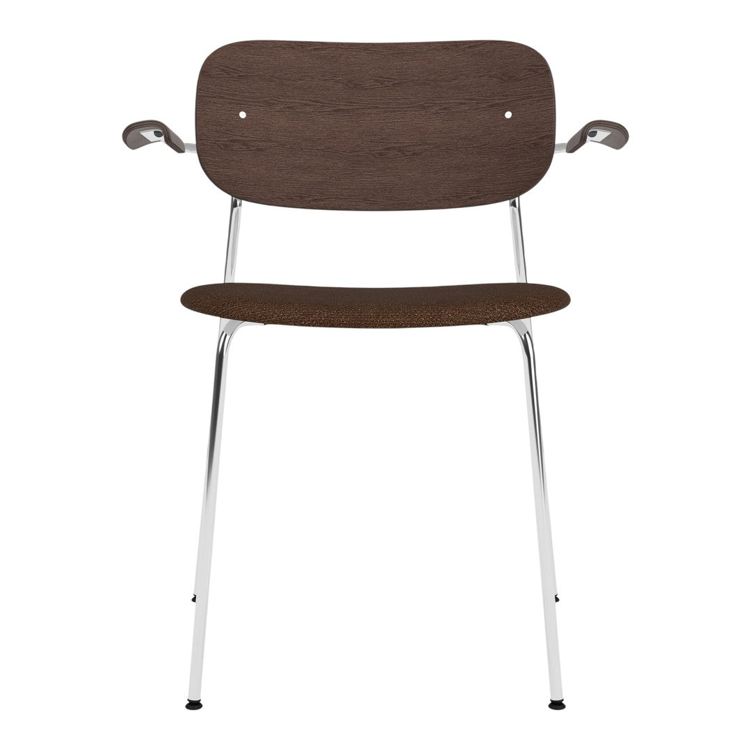 Brown wood grain chair with a sleek chrome frame, featuring simple, modern design elements.
