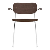 Brown wood grain chair with a sleek chrome frame, featuring simple, modern design elements.
