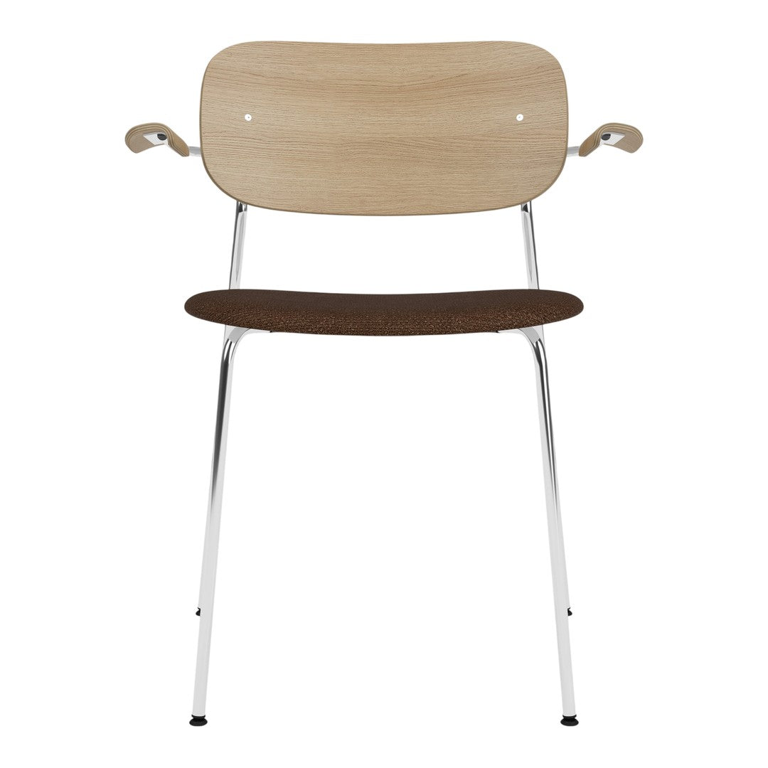 Light wood chair with a natural finish, brown seat, and chrome legs for a modern aesthetic.
