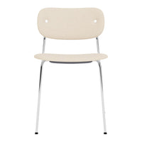 Beige dining chair with a minimalist design and chrome legs, featuring a smooth, solid pattern.
