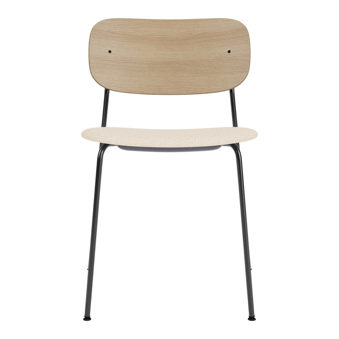 Light wood chair with a smooth natural finish and sleek black metal legs; minimalist design with clean lines.