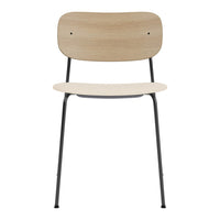 Light wood chair with a smooth natural finish and sleek black metal legs; minimalist design with clean lines.