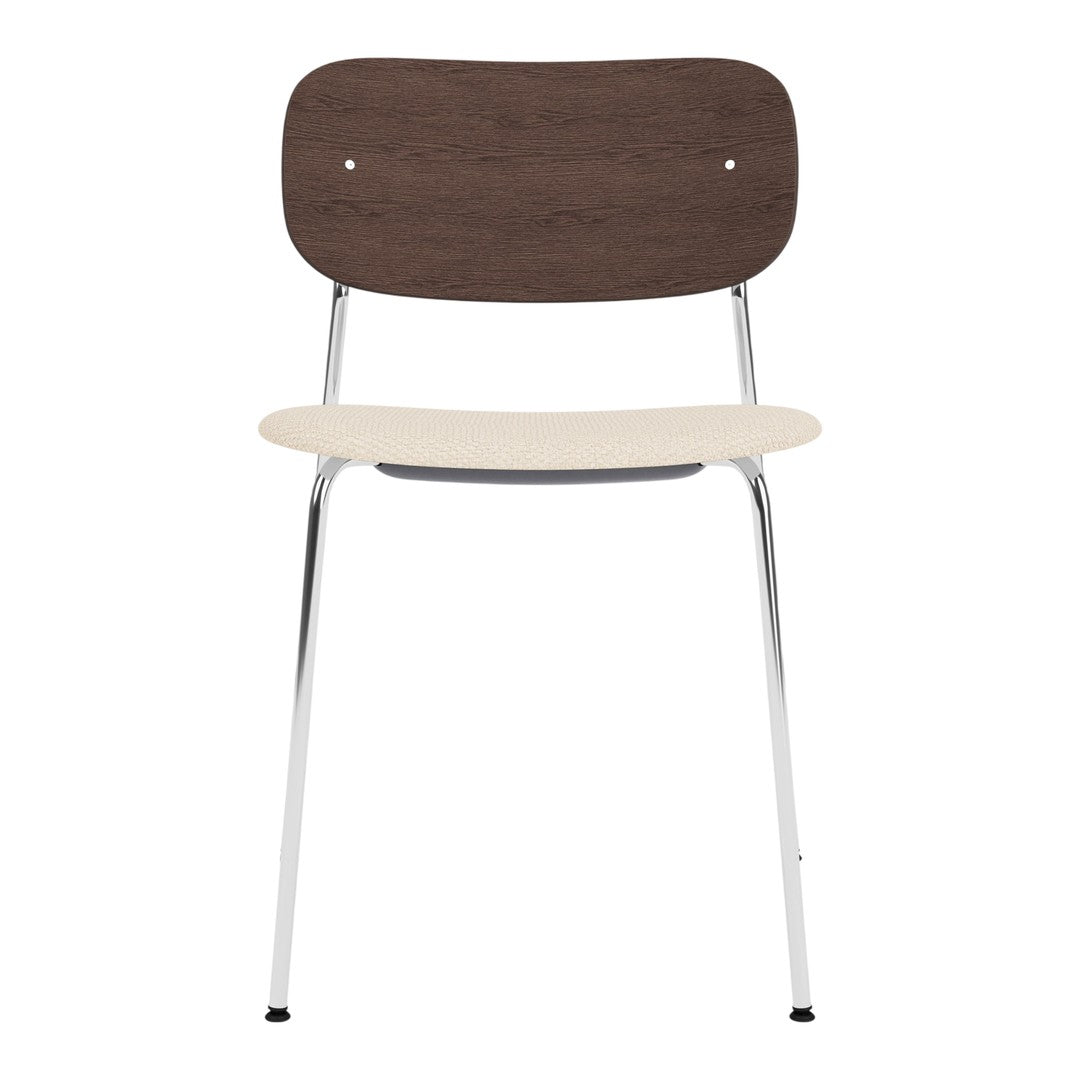 Brown wood grain backrest and cream seat on a sleek chrome frame, minimalistic design.