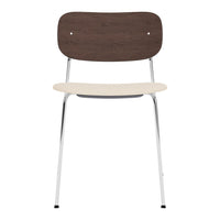 Brown wood grain backrest and cream seat on a sleek chrome frame, minimalistic design.