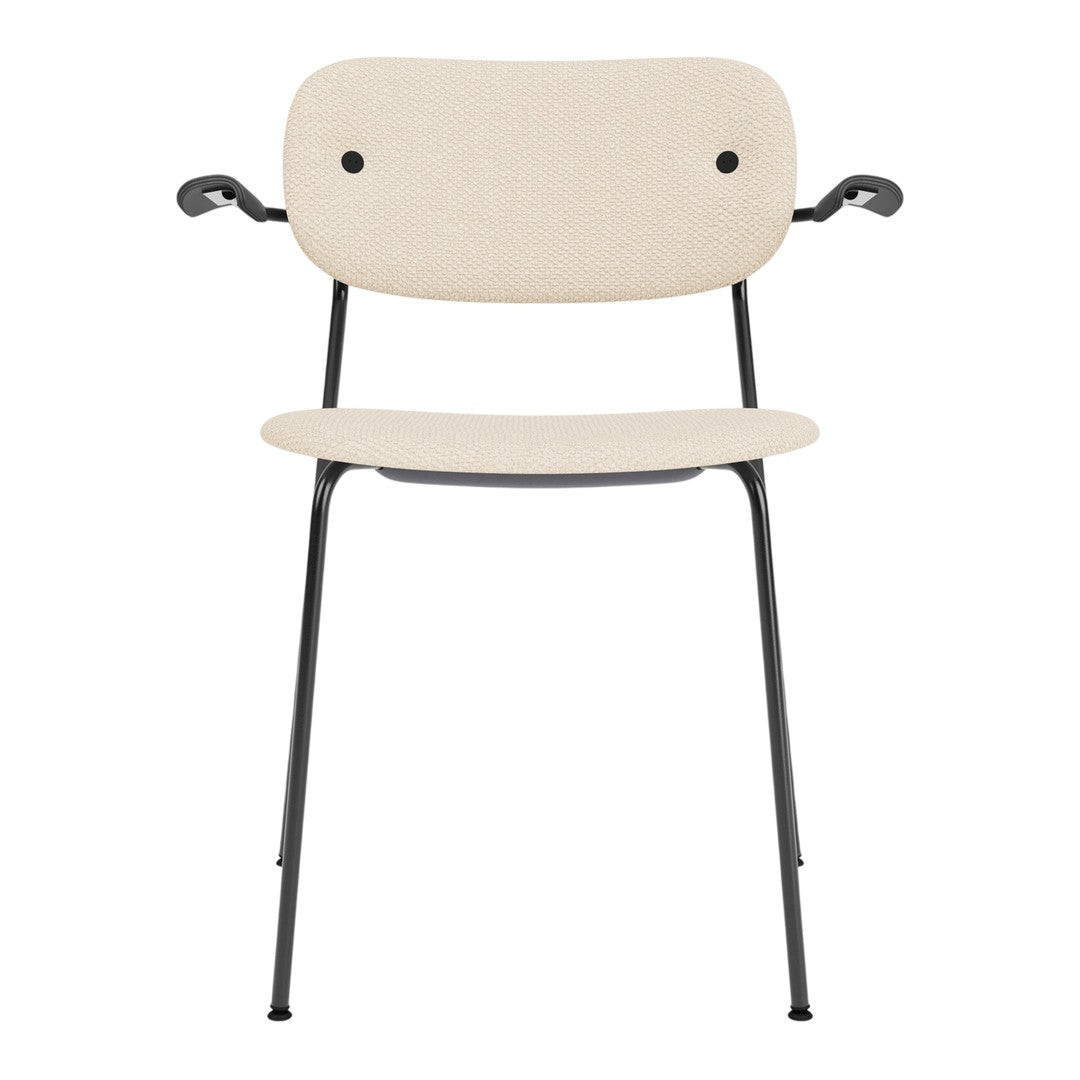 Beige chair with a smooth surface and black metal legs, featuring a minimalist design and subtle round shapes.