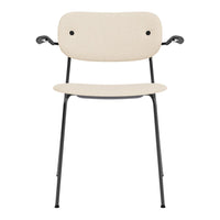 Beige chair with a smooth surface and black metal legs, featuring a minimalist design and subtle round shapes.
