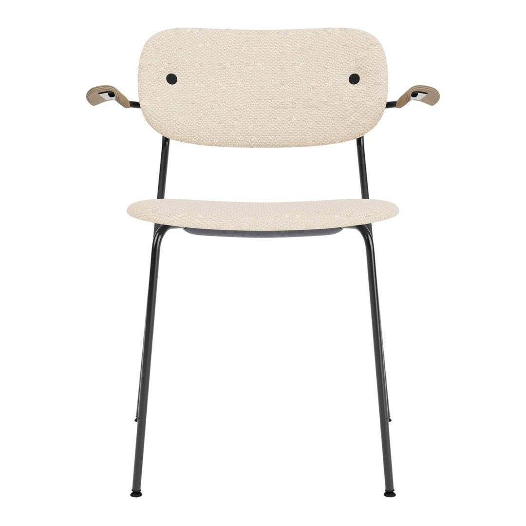 Light beige chair with a minimalistic design and black metal legs, featuring a smooth, simple pattern.