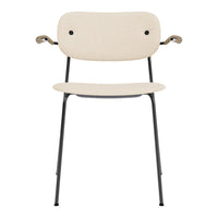Light beige chair with a minimalistic design and black metal legs, featuring a smooth, simple pattern.