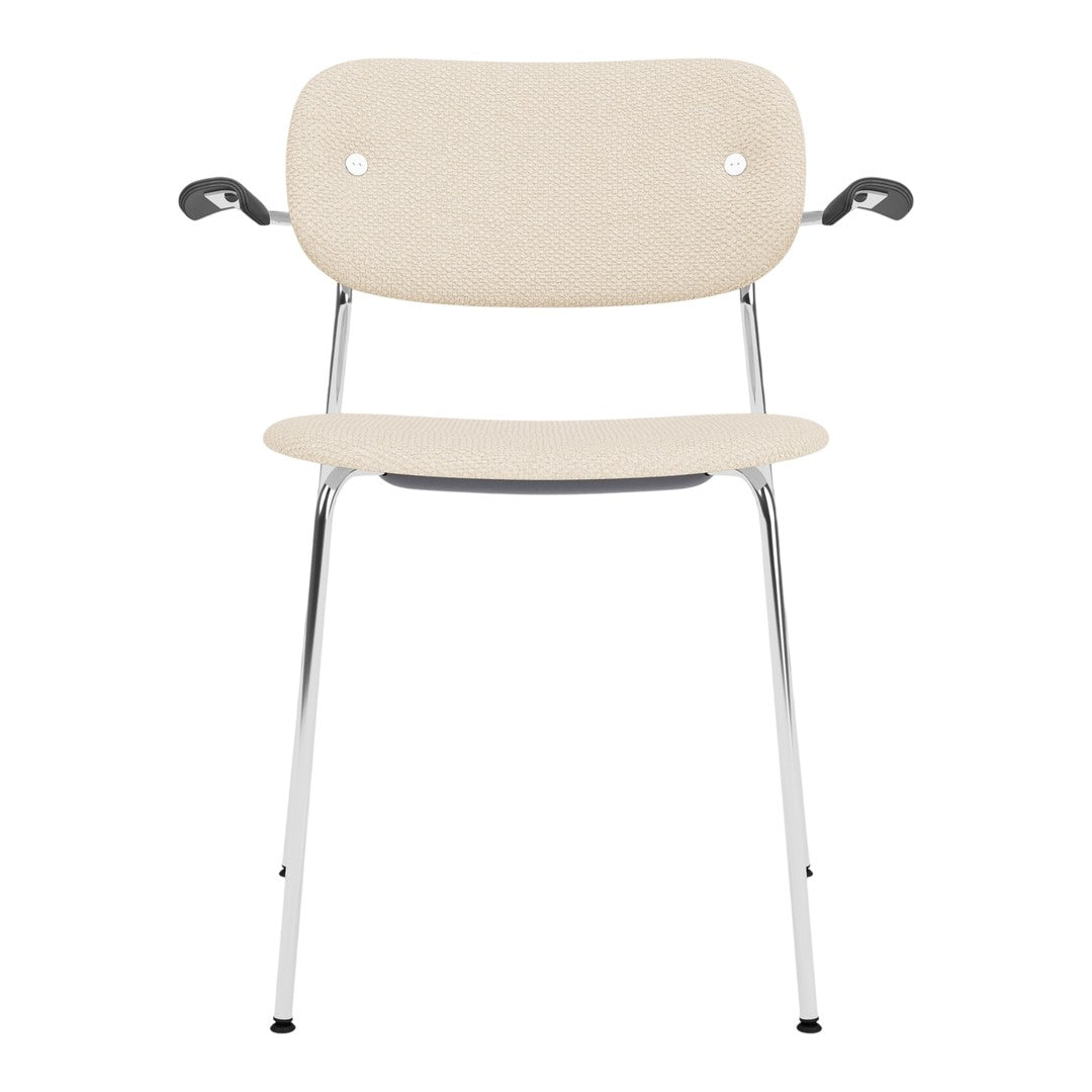 Beige chair with a smooth, minimalist design and chrome legs, featuring a clean, modern aesthetic.