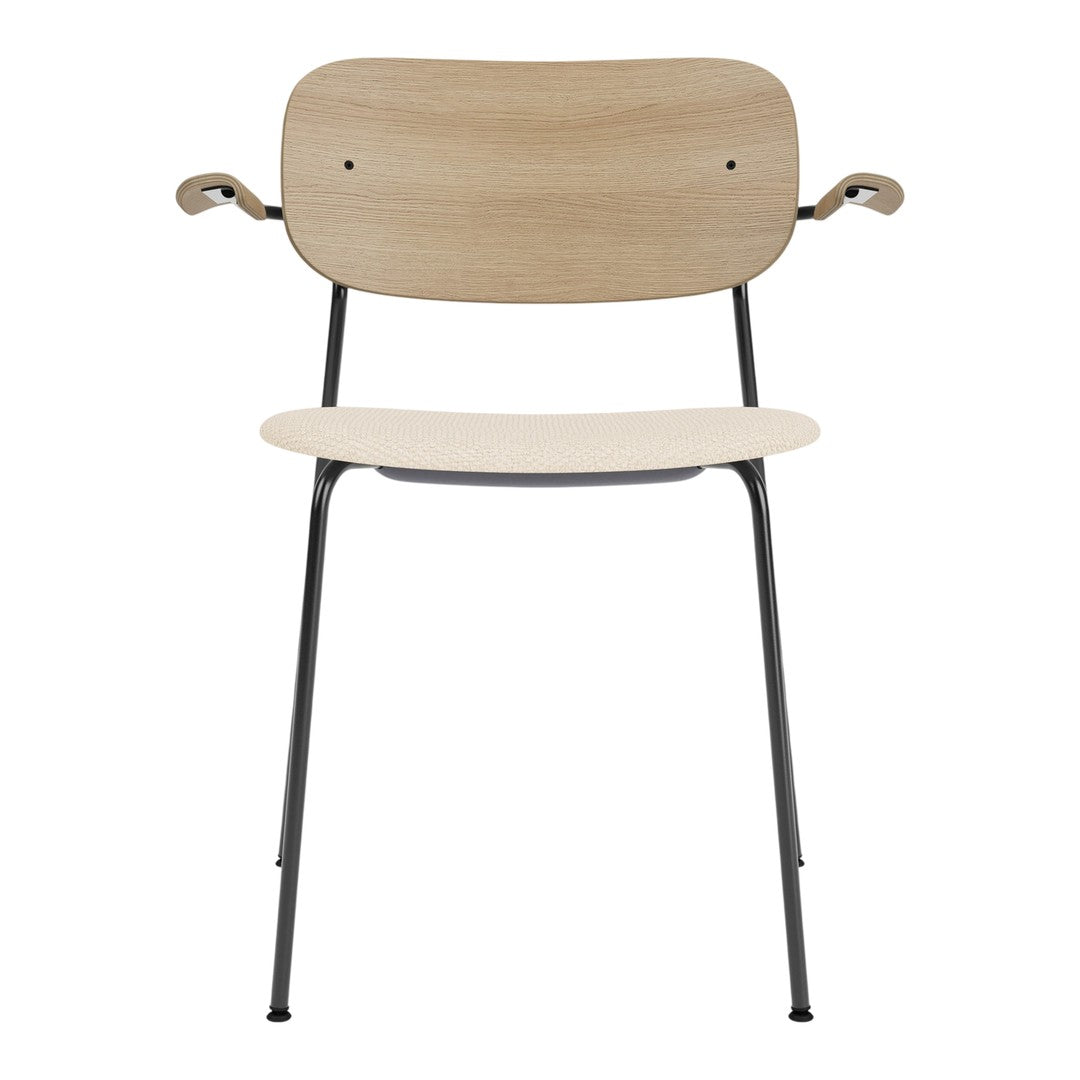 Minimalist design featuring a light wood grain seat and backrest with black metal legs and arms. Perfect for modern décor.