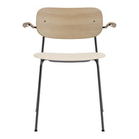 Minimalist design featuring a light wood grain seat and backrest with black metal legs and arms. Perfect for modern décor.