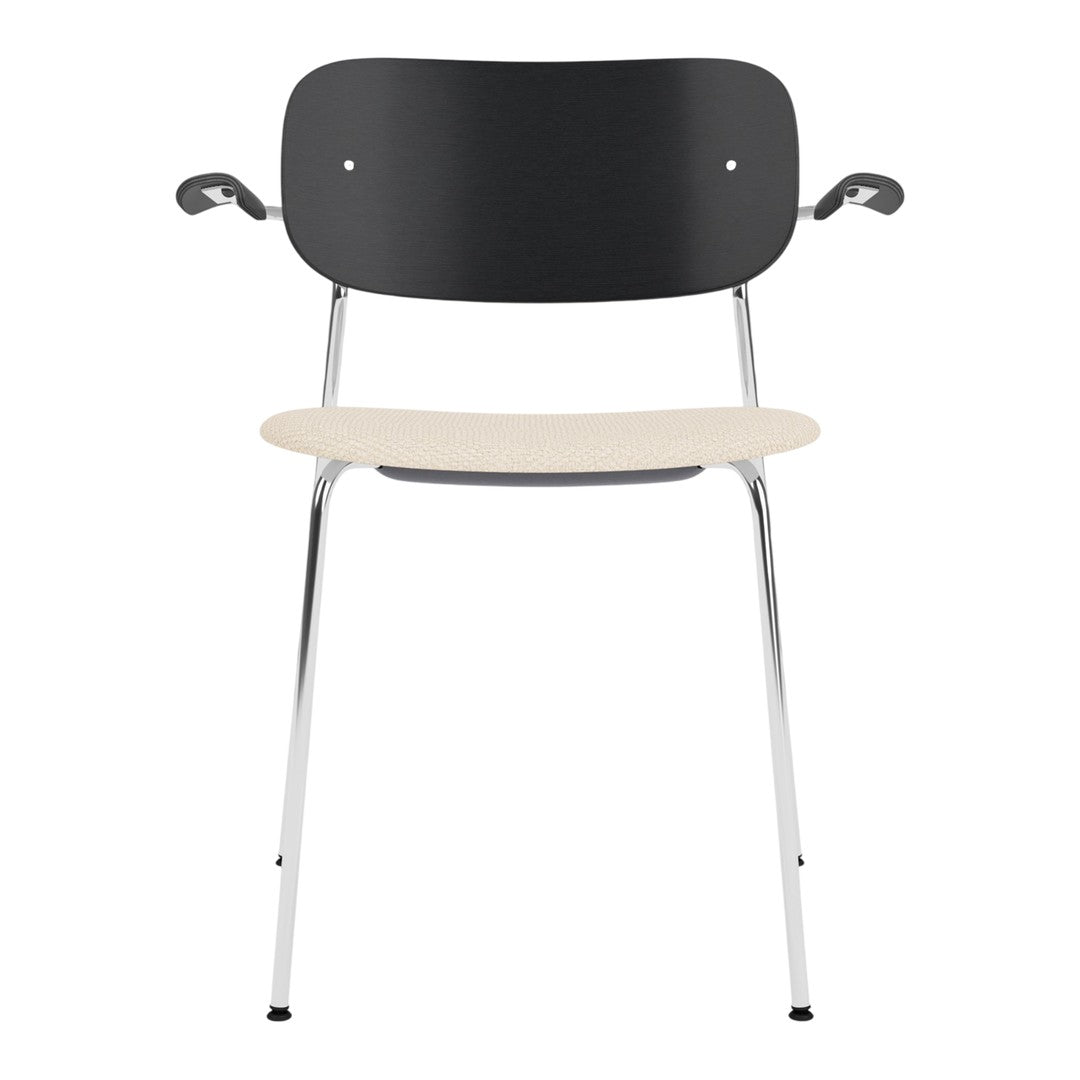 Black and light wood dining chair with chrome legs, featuring a minimalist design and smooth color contrast.